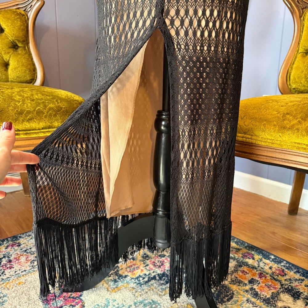 Vintage 90s/Y2K Fredericks of Hollywood Black Crochet Lace Fringed Maxi Dress - Picture 4 of 11